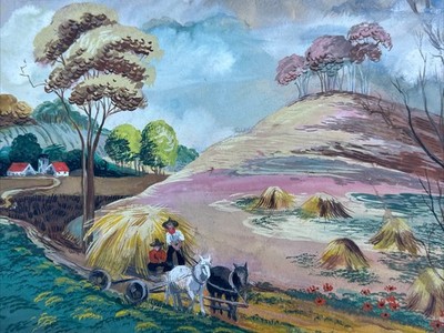 絵画 farmer paintings ANTIQUE WPA ERA PAINTING FARM FARMING FARMER HAY RIDE LISTED