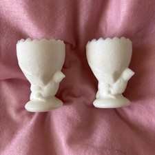 Vintage Milk Glass Chicken Chick Bird Egg Cup Holder Set of 2
