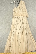Adrianna Papell Dress Womens 22W Beige Sequin Tulle Maxi One Shoulder Gown