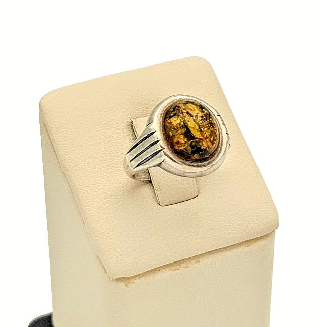 925 Sterling Silver Yellow Amber Ring Size 8