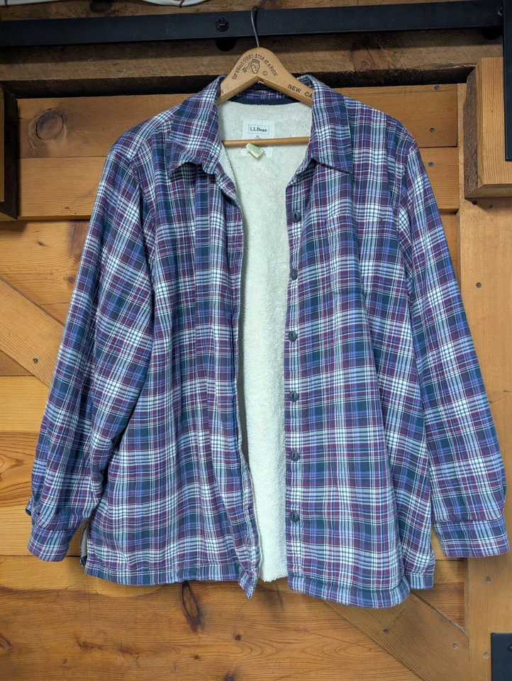 L.L. Chaqueta Camisa BEAN Púrpura Blanco Azul A Cuadros Forrada con Botones Talla XL Suave Foto 2 de 4