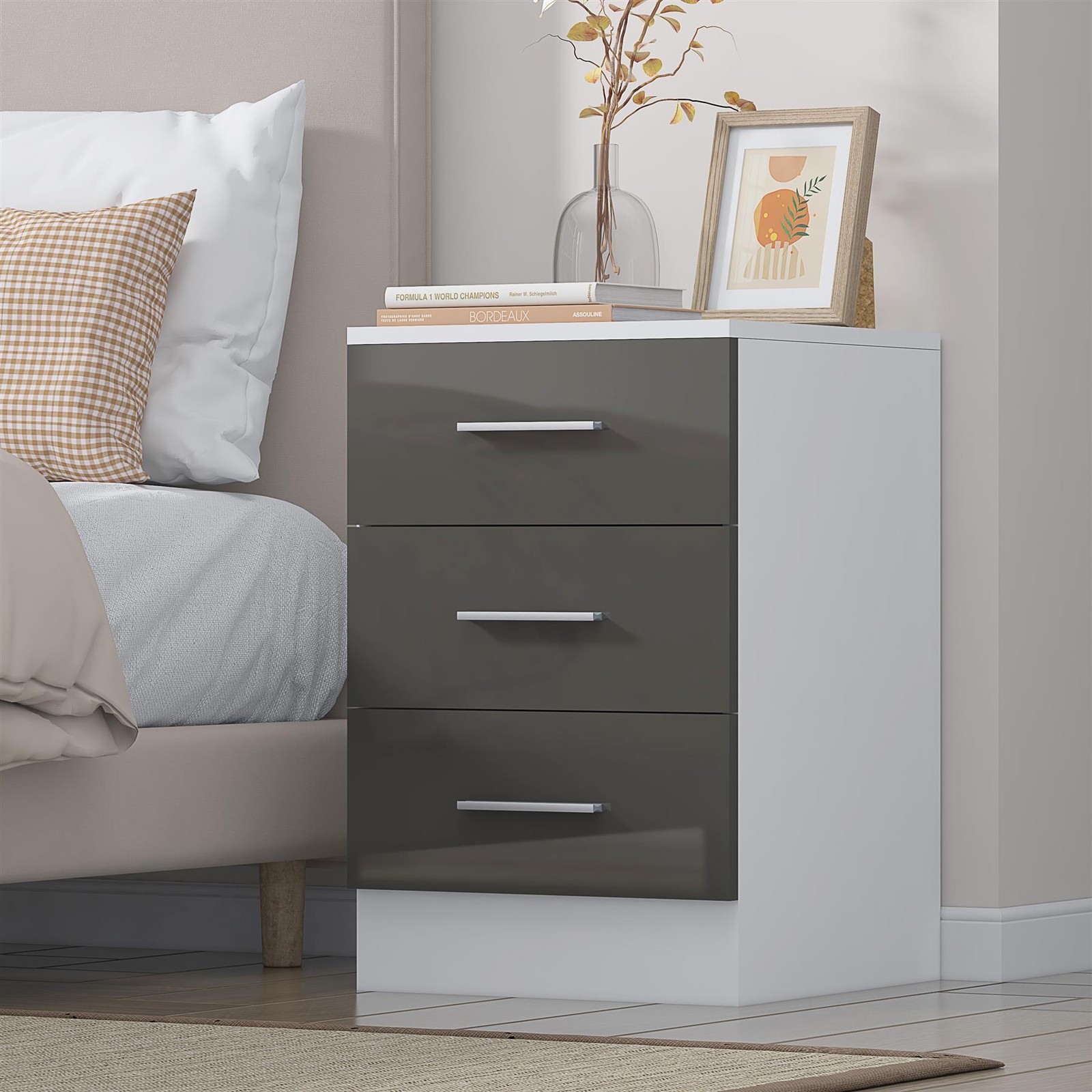 REFLECT 3 Drawer Bedside - Grey Gloss Fronts & White Matt Carcass - Image 4