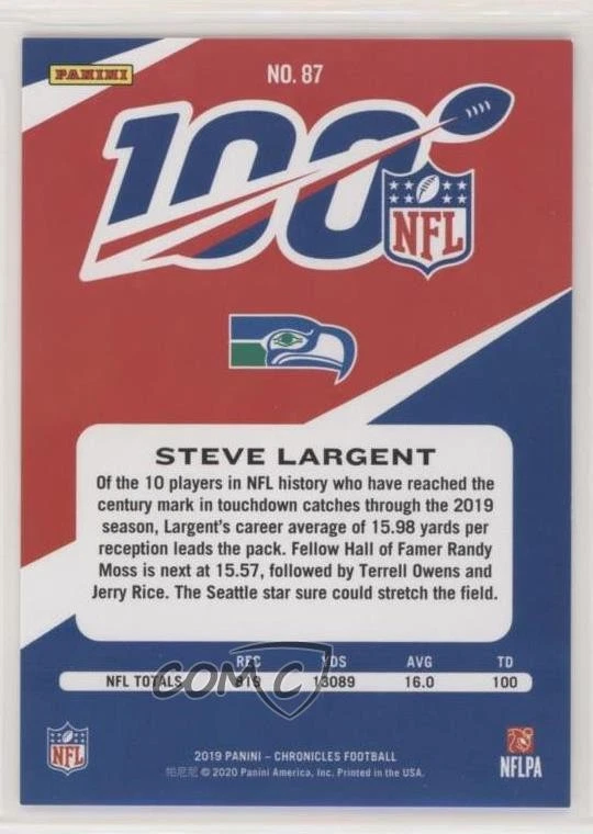 2019 Panini Chronicles NFL 100 Red /199 Steve Largent #87 HOF - Image 2 of 2