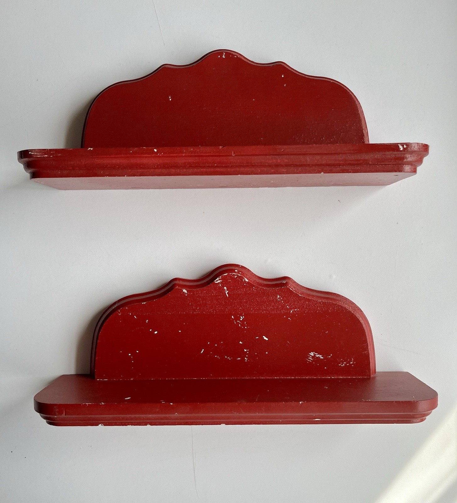 Vintage Handmade Cranberry Wooden Wall Hanging Mini Shelf  Set of 2, 11x4.25x3”