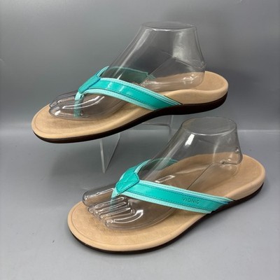 Vionic Islander Flip Flop Sandals Women 10.5-11 Teal Leather Strap Thong Slip On