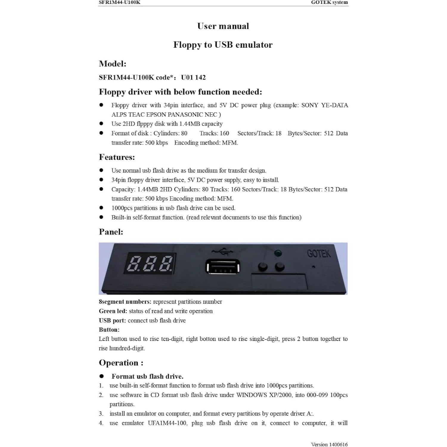 SFR1M44U100 35 Inch 144MB USB SSD Floppy Drive Emulator Black
