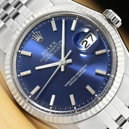 ROLEX MENS DATEJUST BLUE DIAL 18K WHITE GOLD STEEL WATCH w/ JUBILEE BRACELET