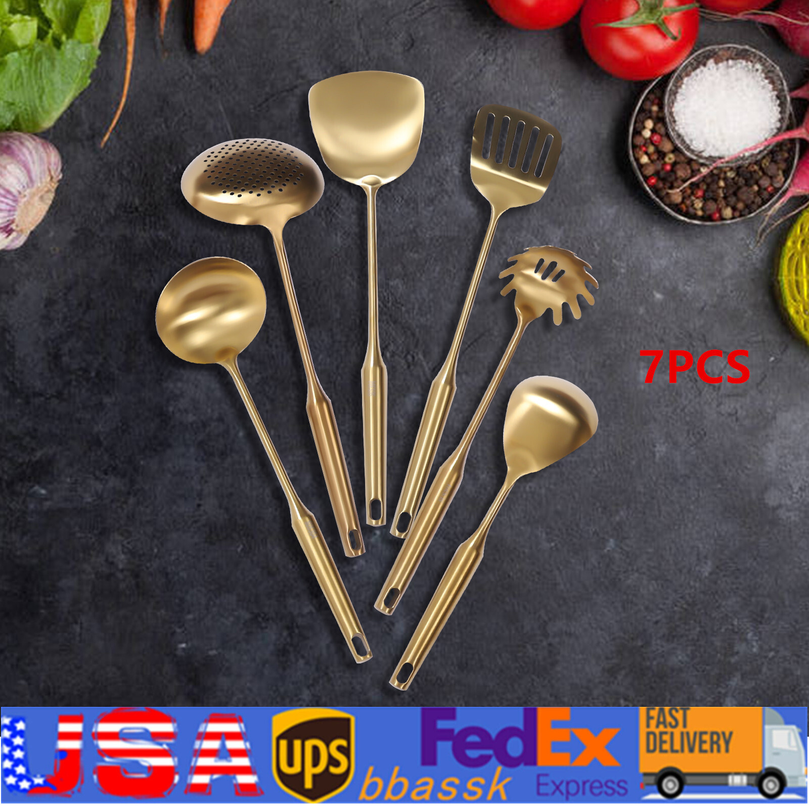 7pcs Kitchen Cooking Utensils Set Stainless Steel Serving Set with Stand Stylish