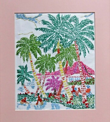 * Vintage Completed Embroidery Tropical Beach Scene 13'' x 9.5'' Unframed