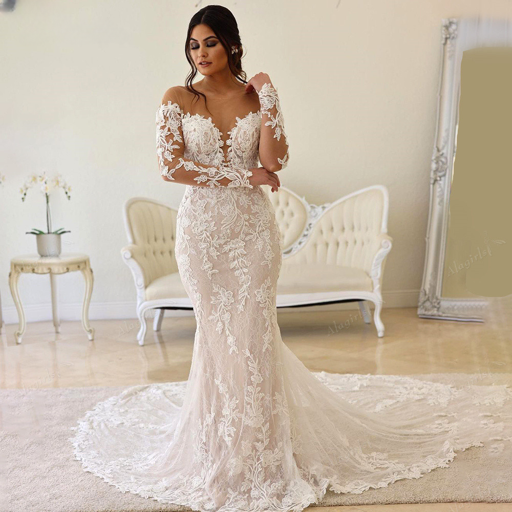 Long Sleeve Mermaid Wedding Dresses Boho Beach Lace Applique Elegant Simple  Gown