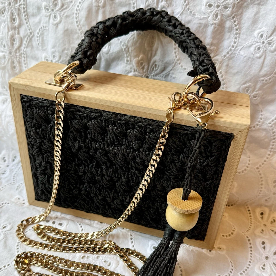 Black Raffia Handbag Bamboo Purse Crossbody Bag Modern Summer Beach - Image 2 of 4