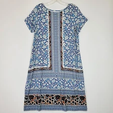 J Jill Dress Womens Small Blue Floral Shift Short Sleeve Stretch Career Casual