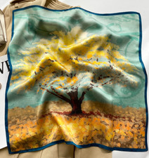 100 Silk Scarf Women Giant Tree Oil Painting Kerchief Square Bandana Wrap 20"
