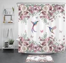 Hummingbird Butterfly Pink Rose Floral Shower Curtain Set Bathroom Decor 71"