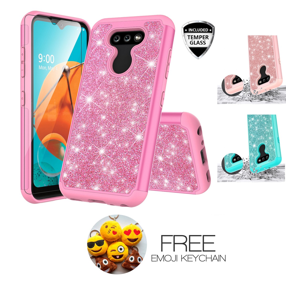 For LG Aristo Temper Glass Shockproof Glitter Girls Women Phone Case  +Emoji