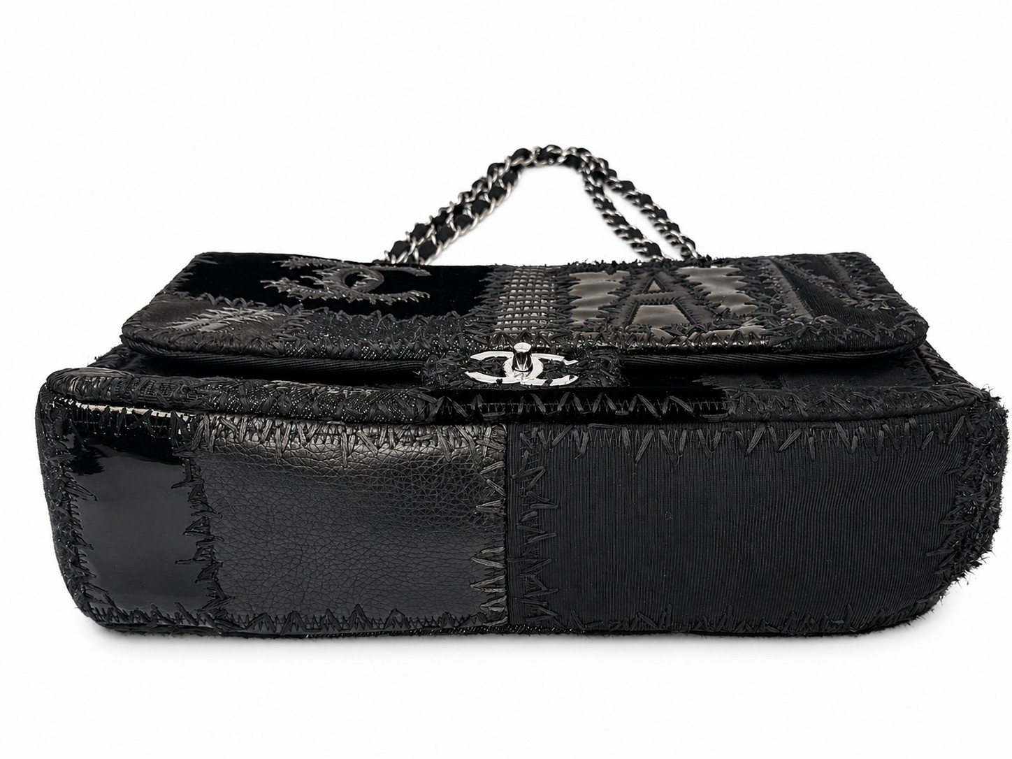 Authentic CHANEL Patchwork Flap Bag Black Mixed Fabric Leather CC Chain Rare image 10