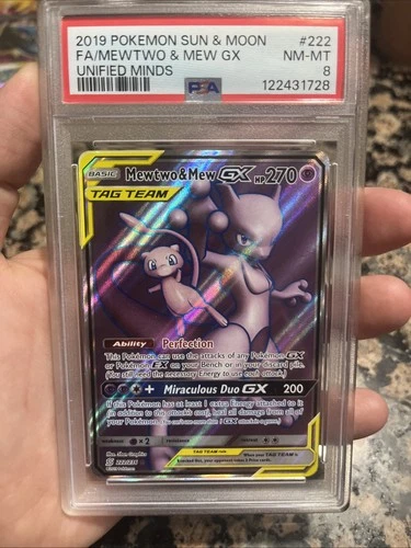 2019 POKEMON SUN & MOON UNIFIED MINDS #222 FULL ART/MEWTWO & MEW GX PSA 8
