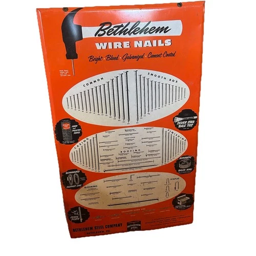 Vintage Bethlehem Wire Nails Tin Over Cardboard Store Sign