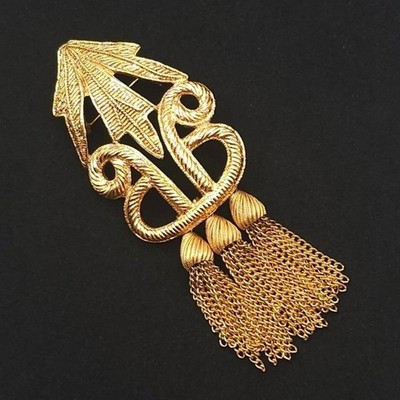 Designer Carol Dauplaise 4'' Tassel Brooch Statement Gold Tone Vtg Knot Dangle