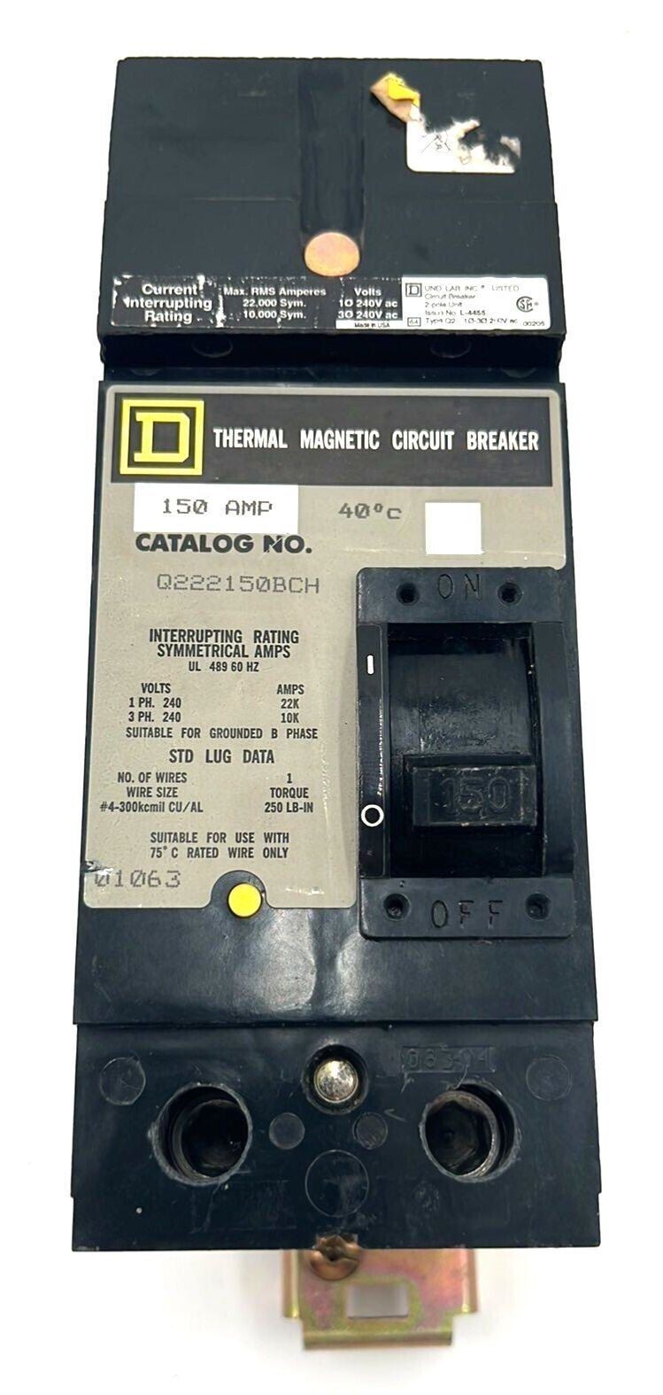 Square D Q222150BCH Circuit Breaker 150A 2P 240V 1PH 150Amp 2 Pole I-Line Used