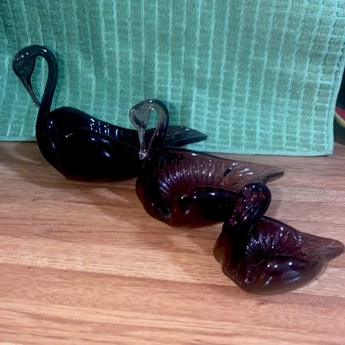 VTG 1960s Amethyst Hand Blown Glass Nesting Birds Set of 3  (Murano Style)