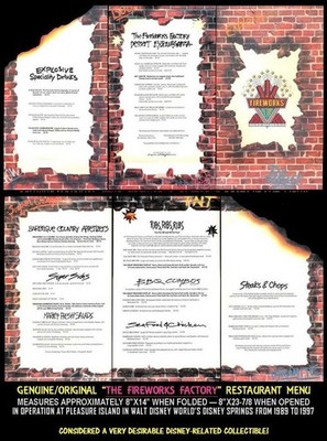 1992 PLEASURE ISLAND WALT DISNEY WORLD FIREWORKS FACTORY RESTAURANT MENU