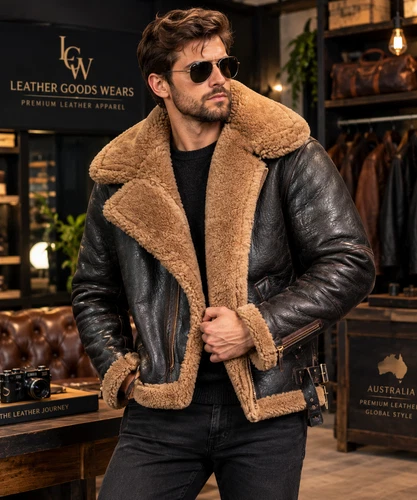 Mens B3 Shearling Aviator Jacket Black Leather Tan Fur Collar Flight Bomber Coat image 5