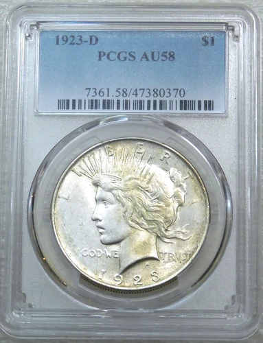 1923-D Peace Silver Dollar PCGS AU58 Frosty PQ for the grade New Holder #W195E