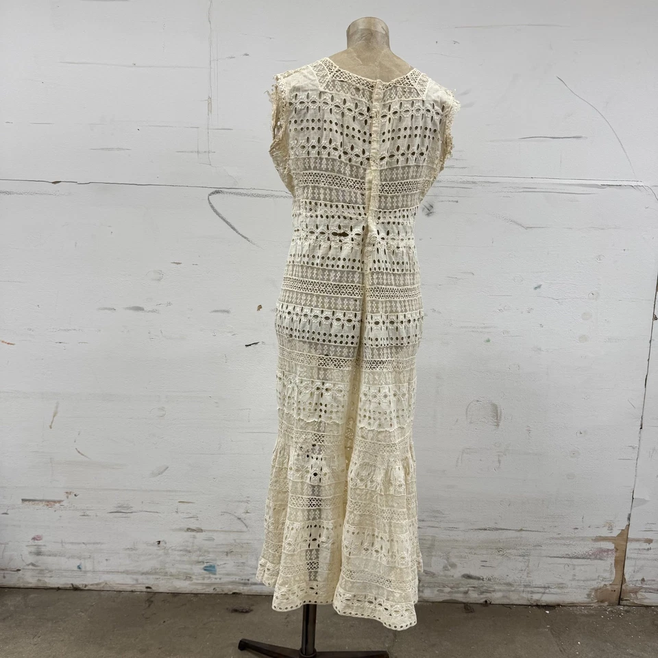 Старинное эдвардианское кружевное платье с петлями и вставками для газона 1910-е хлопковое свадебное L - Изображение 2 из 4