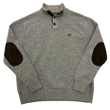 Chaps Knit Jumper Mens XL Grey Button Neck Elbow Patch Cotton Sweater