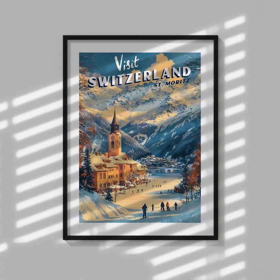 Póster de viaje de colección Visit SWITZERLAND St. Moritz esquí nieve arte de pared Foto 3 de 4
