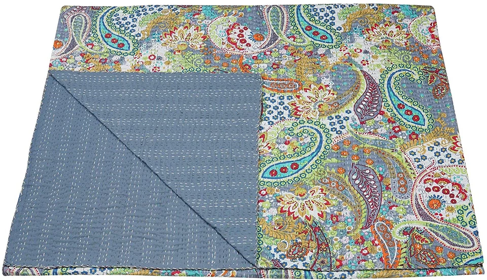 Colcha étnica Kantha edredón tamaño king de algodón hecha a mano colcha gris sábana Foto 3 de 4