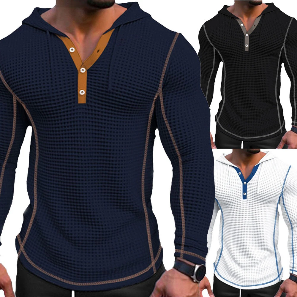 Mens Long Sleeve Hooded T Shirt Sport Gym Muscle Slim Fit Casual Waffle Tops