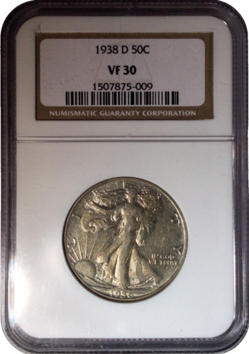 1938-D Walking Liberty Silver Half Dollar Coin Certified by NGC as VF 30.
