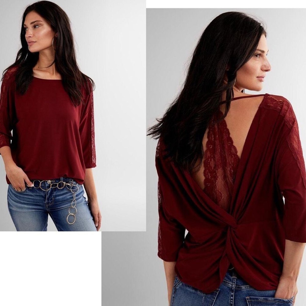 DAYTRIP 3/4 Sleeve Open Twist Back Pieced Lace Top *Cabernet DAYTRIP 3/4 Sleeve Open Twist Back Pieced Lace Top *Cabernet