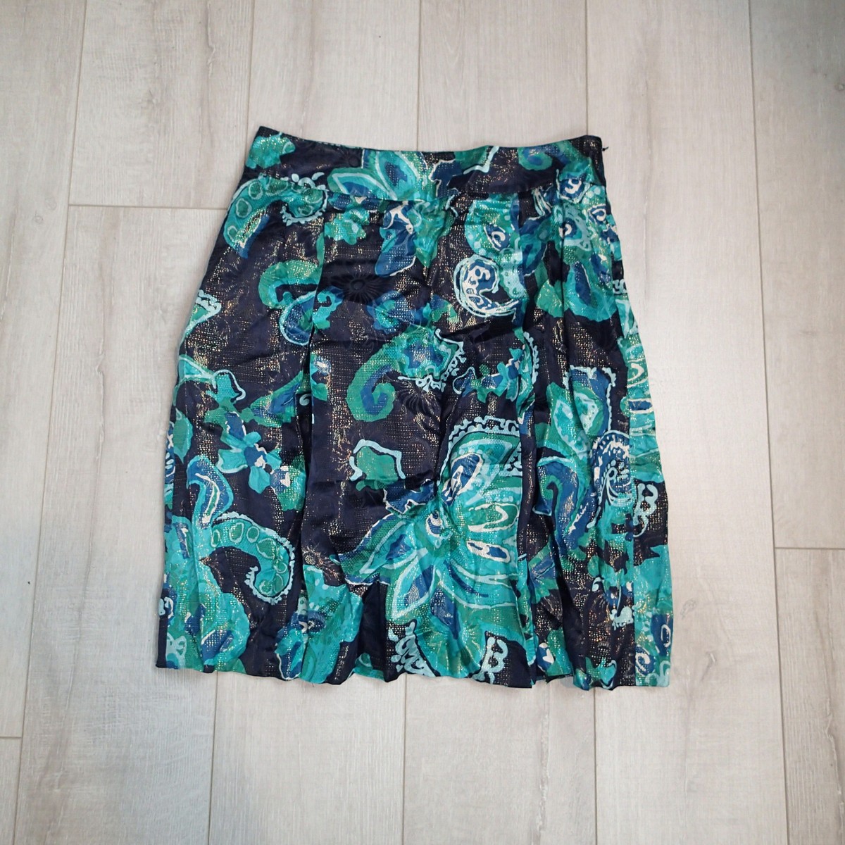 TORY BURCH PLEAT, PENCIL FLORAL SKIRT METALLIC TURQUOISE FLORAL 10 BLACK 1A