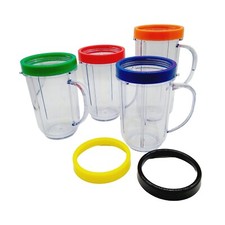 Magic Bullet Blender Mugs Set of 4 Replacement Cups Colored Rings Lids Handles