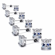 925 Sterling Silver Hi-Quality Princess Cut CZ Stud Post Earrings All Sizes 