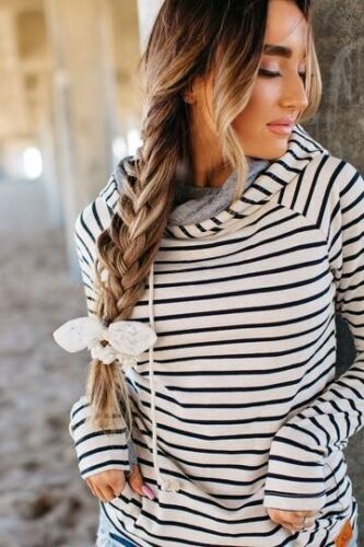NEW Womens Large Hooded Nautical Stripe Sweatshirt Pullover Hoodie Front Pocket
