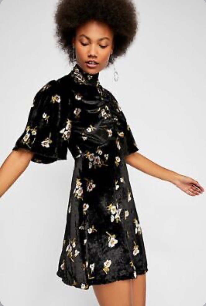 NWT Free People "Be My Baby" Black Velvet High Neck Floral Mini Dress Sz 12  | eBay
