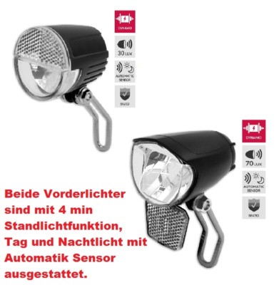 Fahrrad Vorderlicht Licht 30 oder 70 Lux mit Reflektor Beleuchtung Nabendynamo