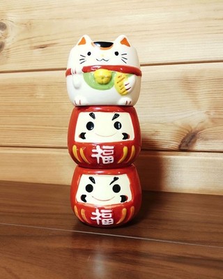 Dharma And Lucky Cat Set Handcrafted Red Daruma White Maneki-neko Figurines