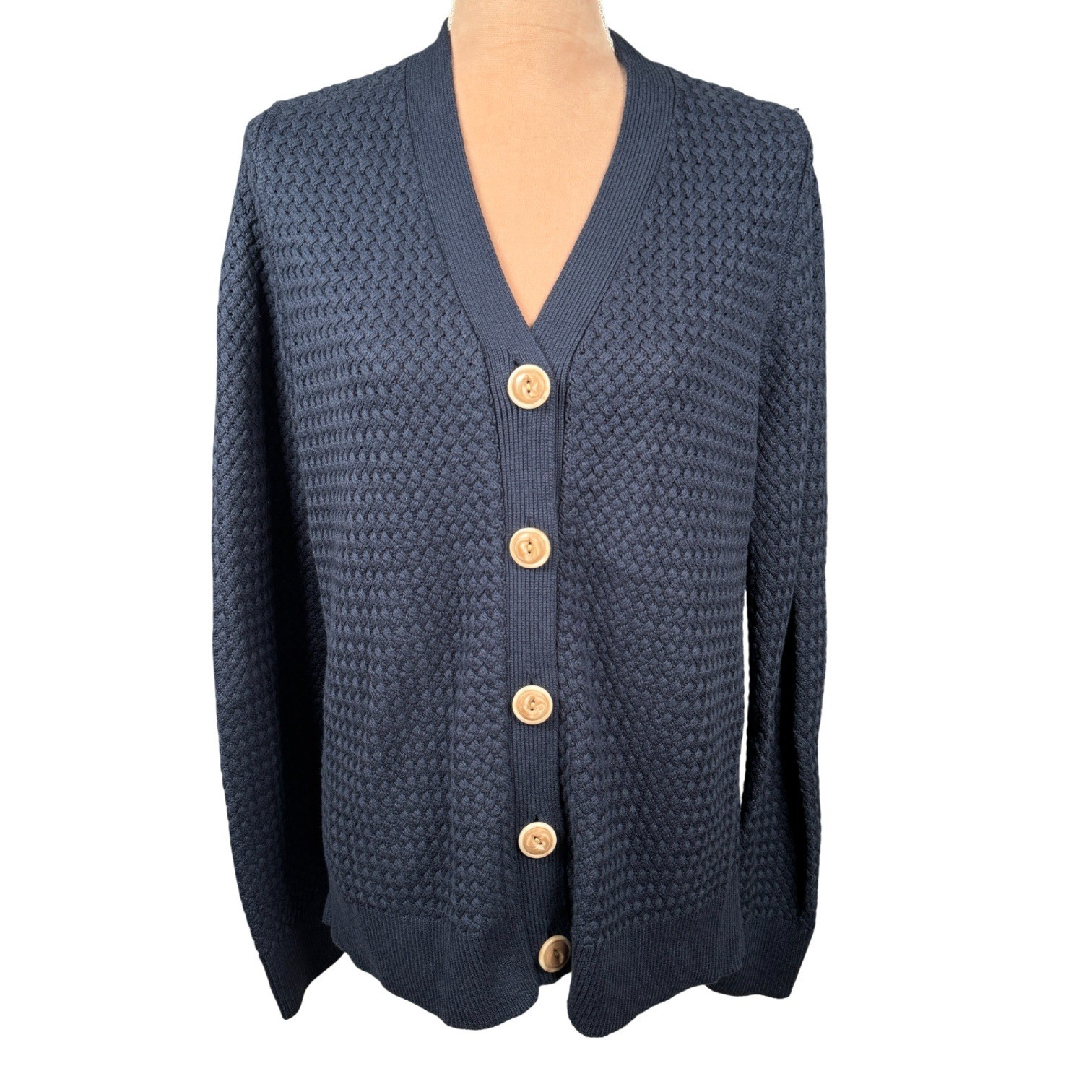 L.L. Bean Navy Blue Textured Knit Button Front Cardigan Sweater Women's Large