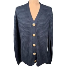 L.L. Bean Navy Blue Textured Knit Button Front Cardigan Sweater Women's Large