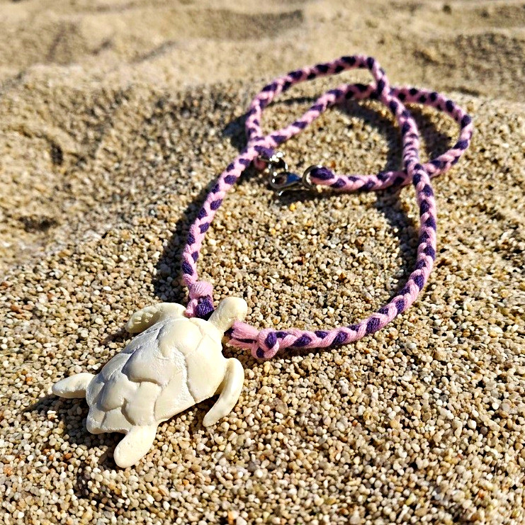 Sea Turtle Charm Pendant Necklace - Purple Cord, Lobster Clasp, Beach Bohemian