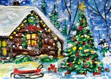 ACEO Original Winter XMAS Cabin Tree PAINTING Snow Snowman Holiday Landscape ART