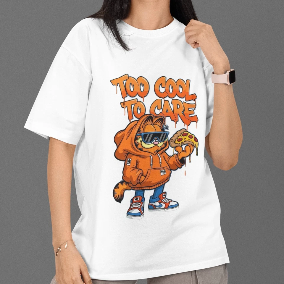 Funny Garfield Cat Pizza Hoodie Style Graphic Tee Hip Hop Anime Aesthetic Unisex - Image 3 of 4