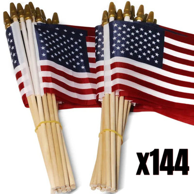 144 Pack USA 4''x6'' Inches American Flags Wood Stick Polycotton High Quality