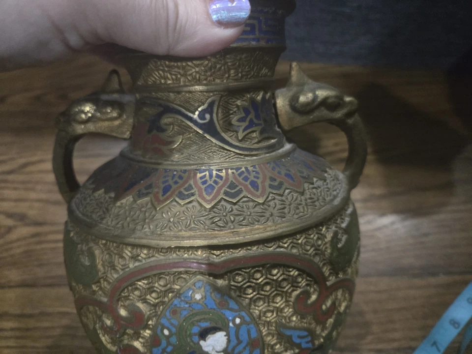 Antique Japanese Brass-Enamel Champleve Floral Urn w/ Ornate Dragon Handles VGC - Image 3 of 4