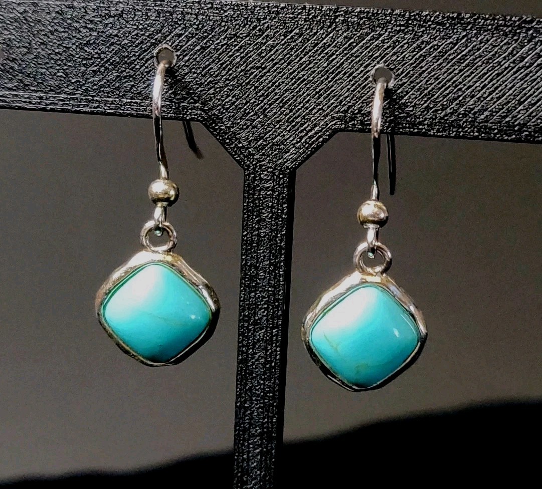 Signed Cellini Silver Marked 925 Natural Turquoise Square Facet Hook Earrings 